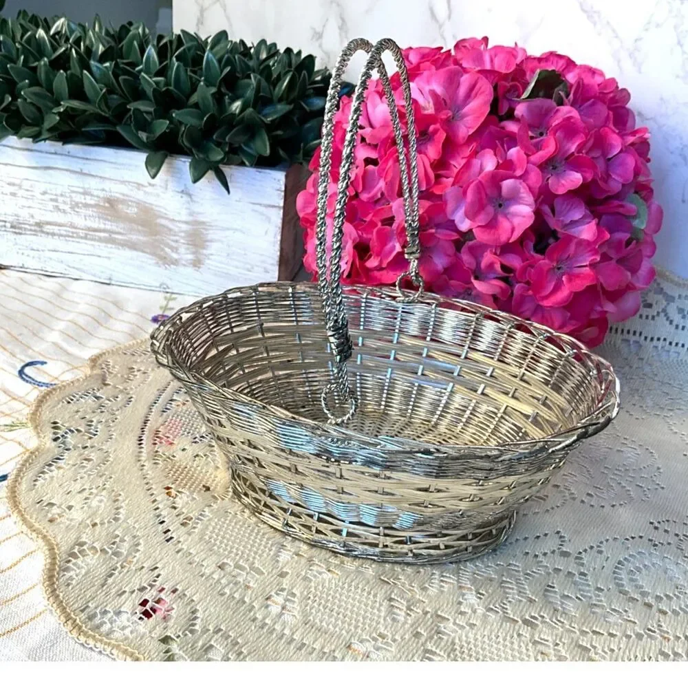 Vintage silver-plated woven metal wire basket
